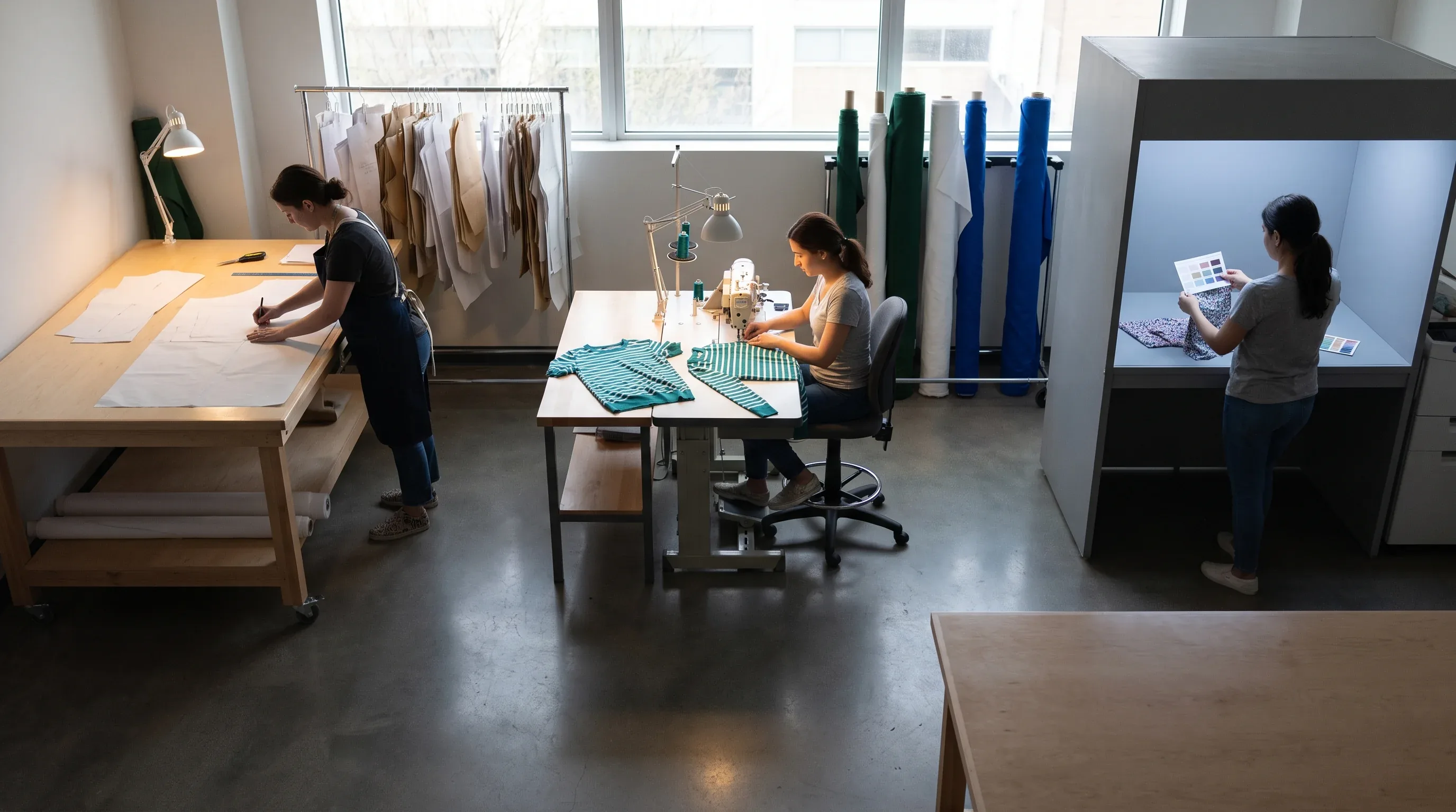 Cycling apparel development studio with the pattern table, sample bench and colour viewing station in one room