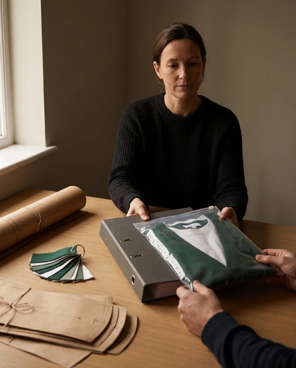 Development manager handing over a spec pack folder and a sample pack across the development table
