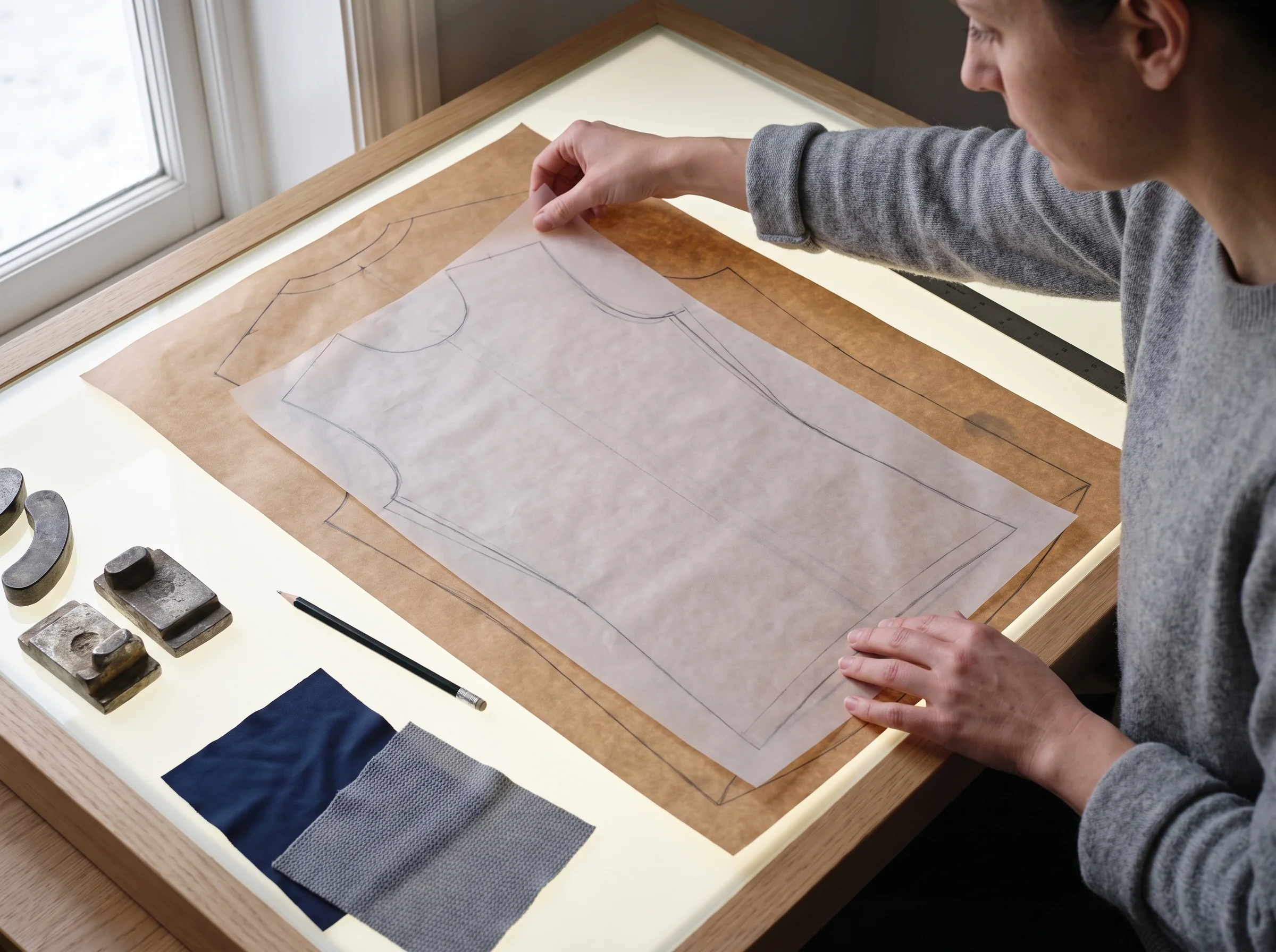 Pattern maker laying a translucent panel map over the block on a light table