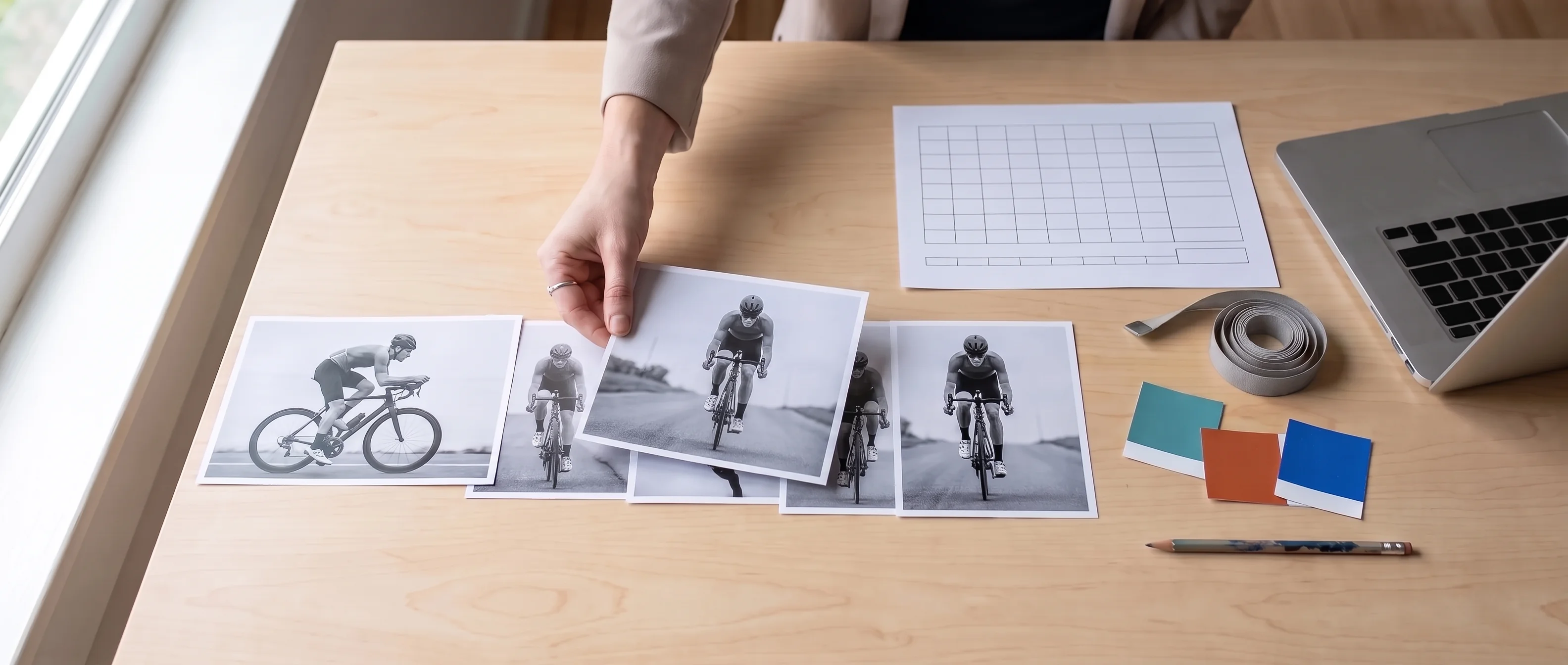A development desk with printed riding-position photos, a blank size chart and colour swatches