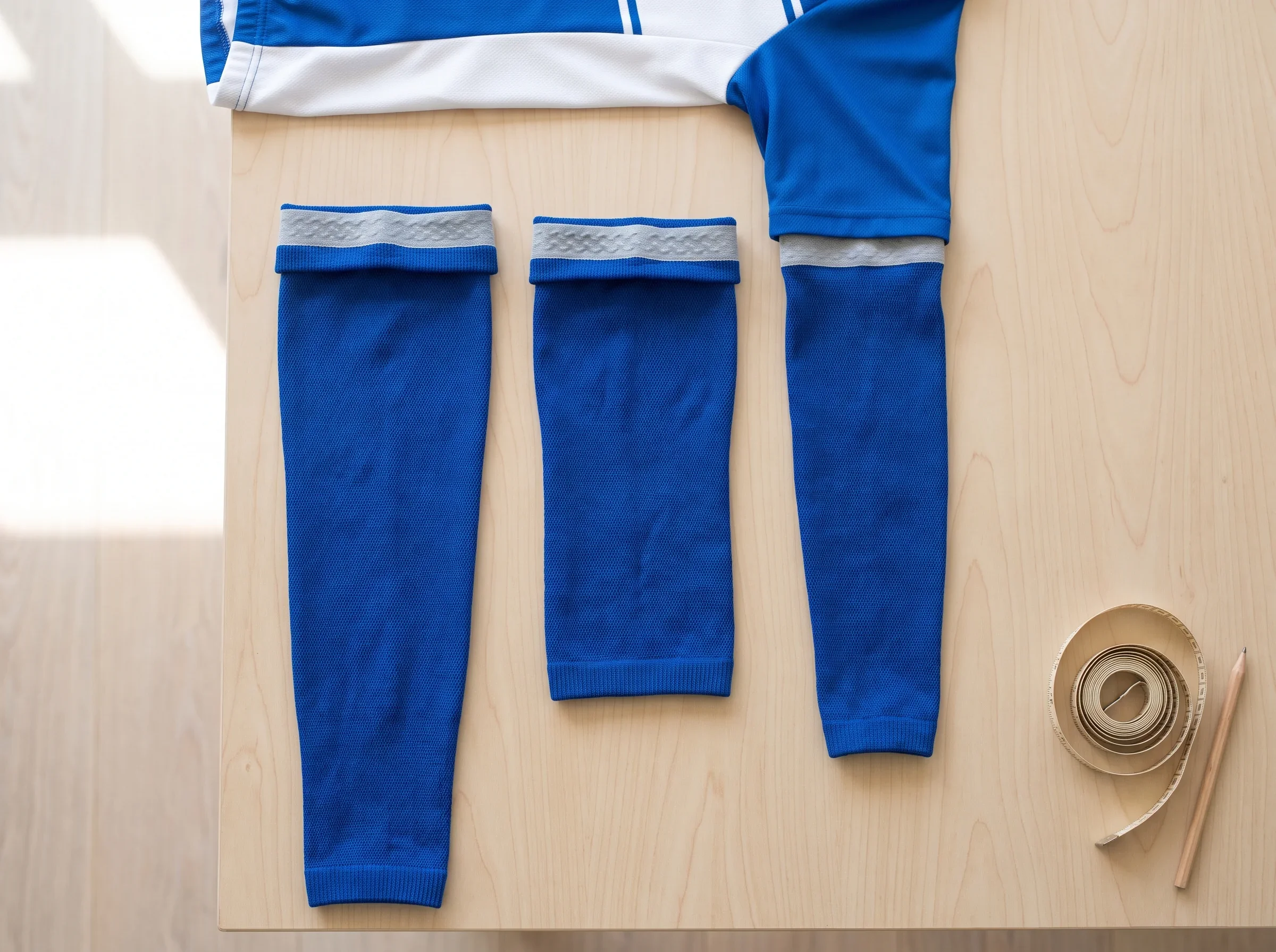 An arm warmer, a knee warmer and a leg warmer in the same colour laid flat side by side, with a jersey sleeve beside them
