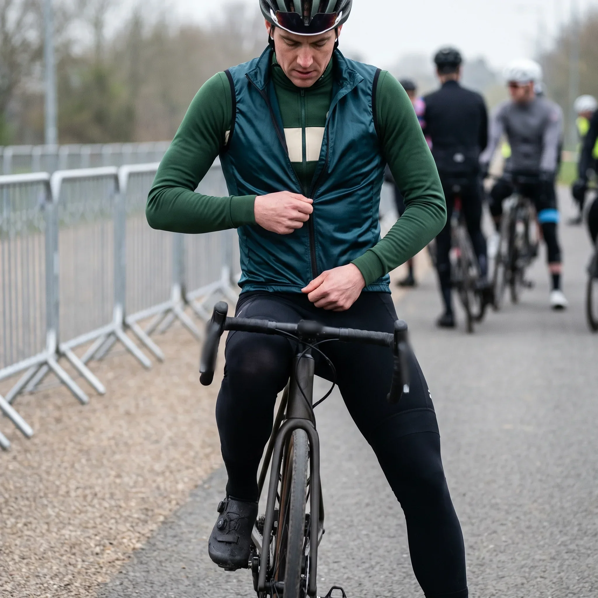 A rider zipping a cycling gilet over a long sleeve thermal jersey at the start of an early-morning race