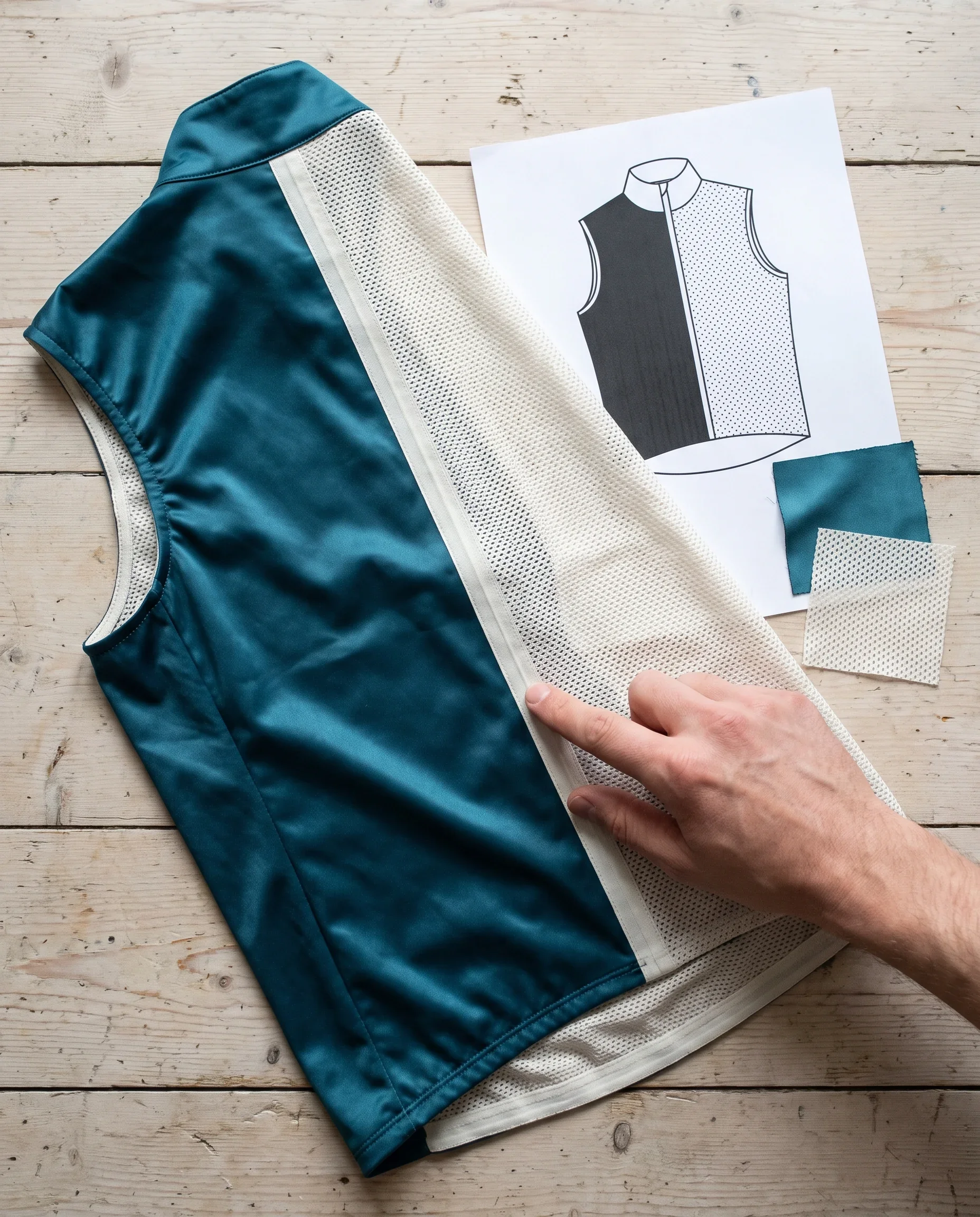Close-up of a gilet side seam where the satin laminate front meets the mesh back, beside a fabric-by-panel sheet