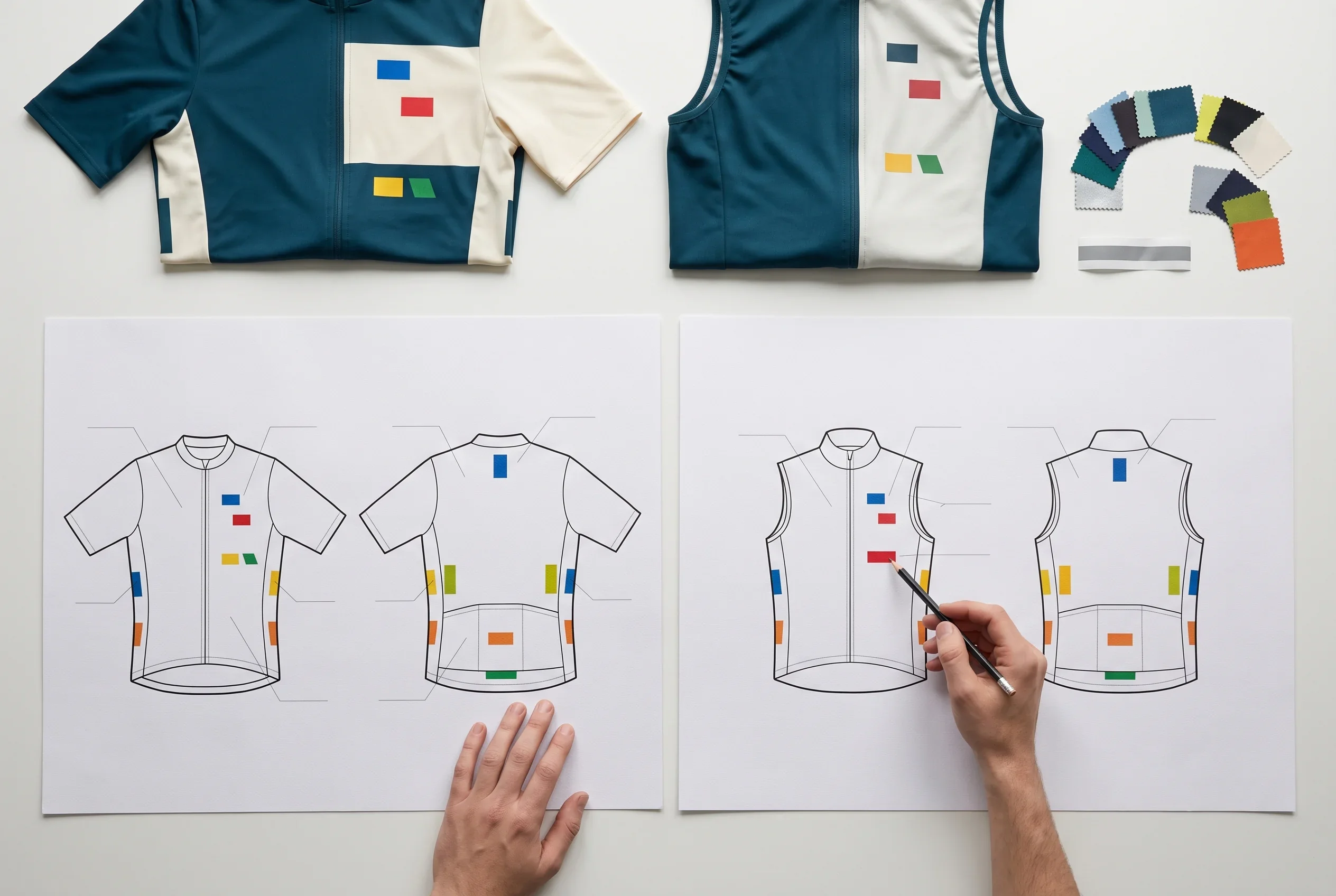 Placement sheets for a jersey and a gilet with decoration positions marked