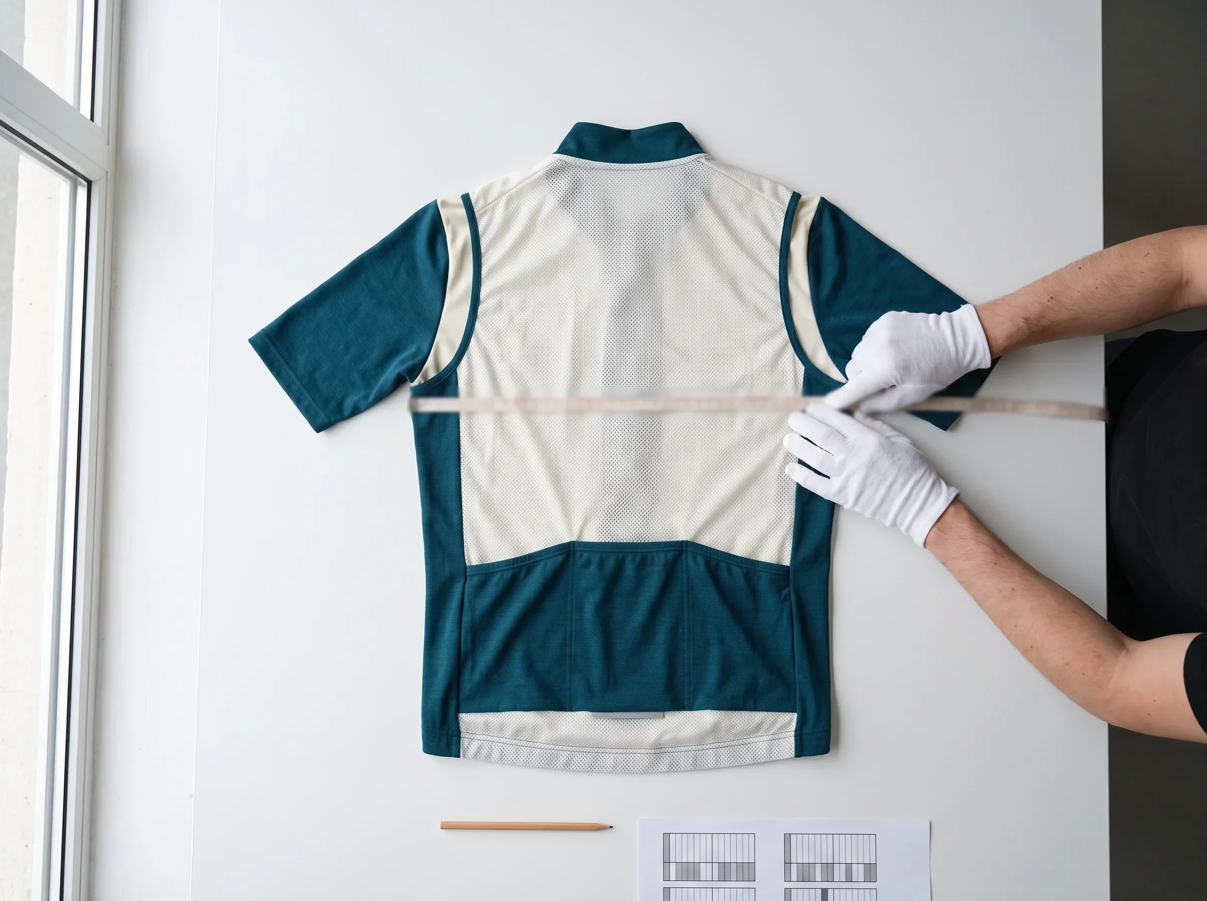 Gilet sample laid back up over a jersey sample of the same size, the jersey pocket line just below the gilet hem, with a tape measure across the chest