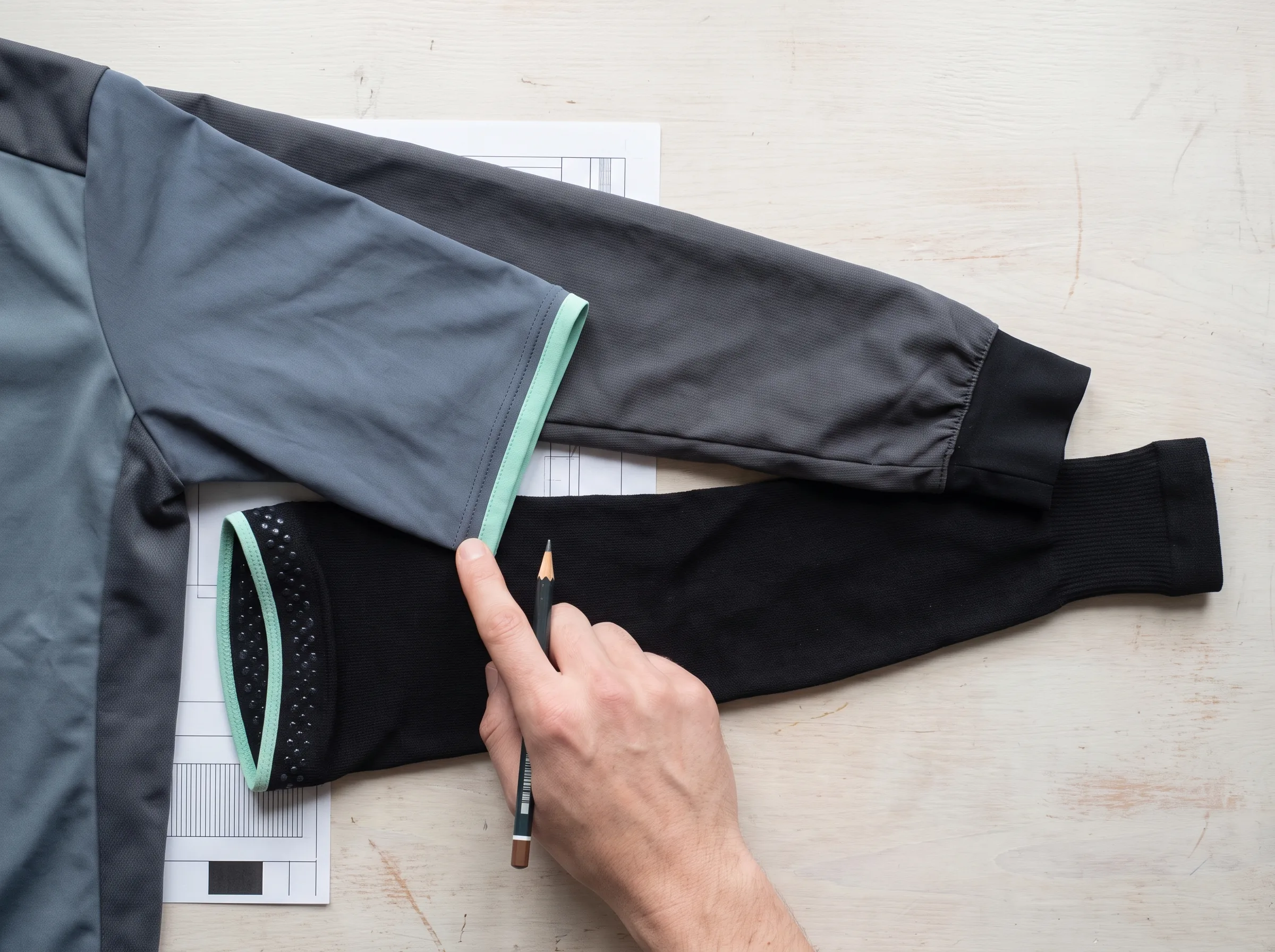 Three garments laid in cuff order: arm warmer innermost, the short sleeve jersey sleeve over its top, the jacket sleeve over both