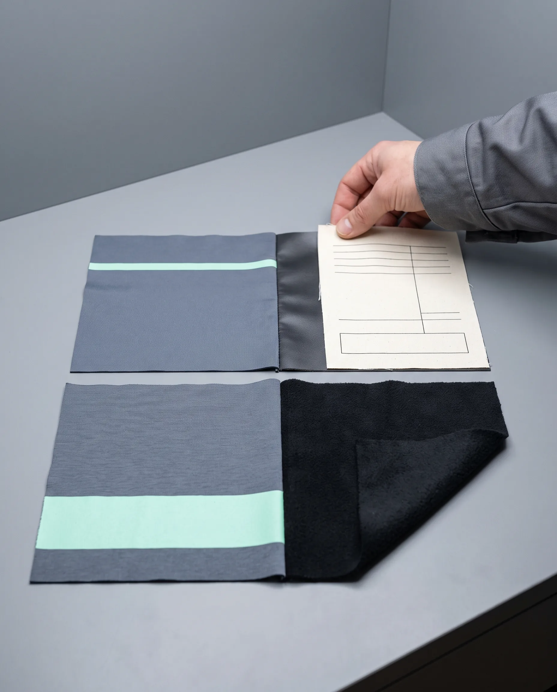 Strike-offs for neighbouring fabrics laid side by side in a D65 light booth: jersey front beside gilet laminate, jersey sleeve beside arm warmer fabric