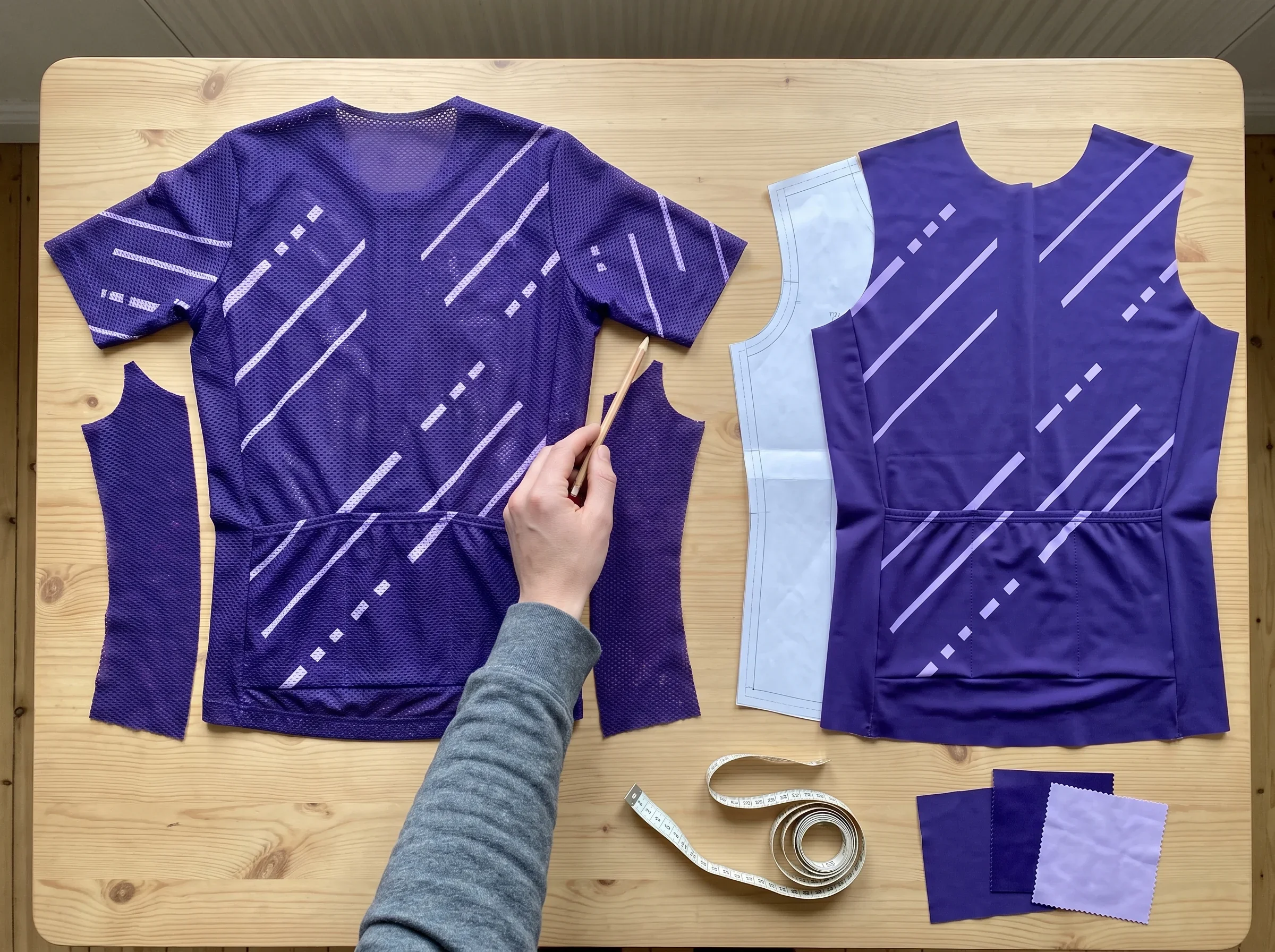 The cut panels of a hot weather jersey laid out by fabric: mesh back, side panels and sleeves beside the main-body front and pocket bag