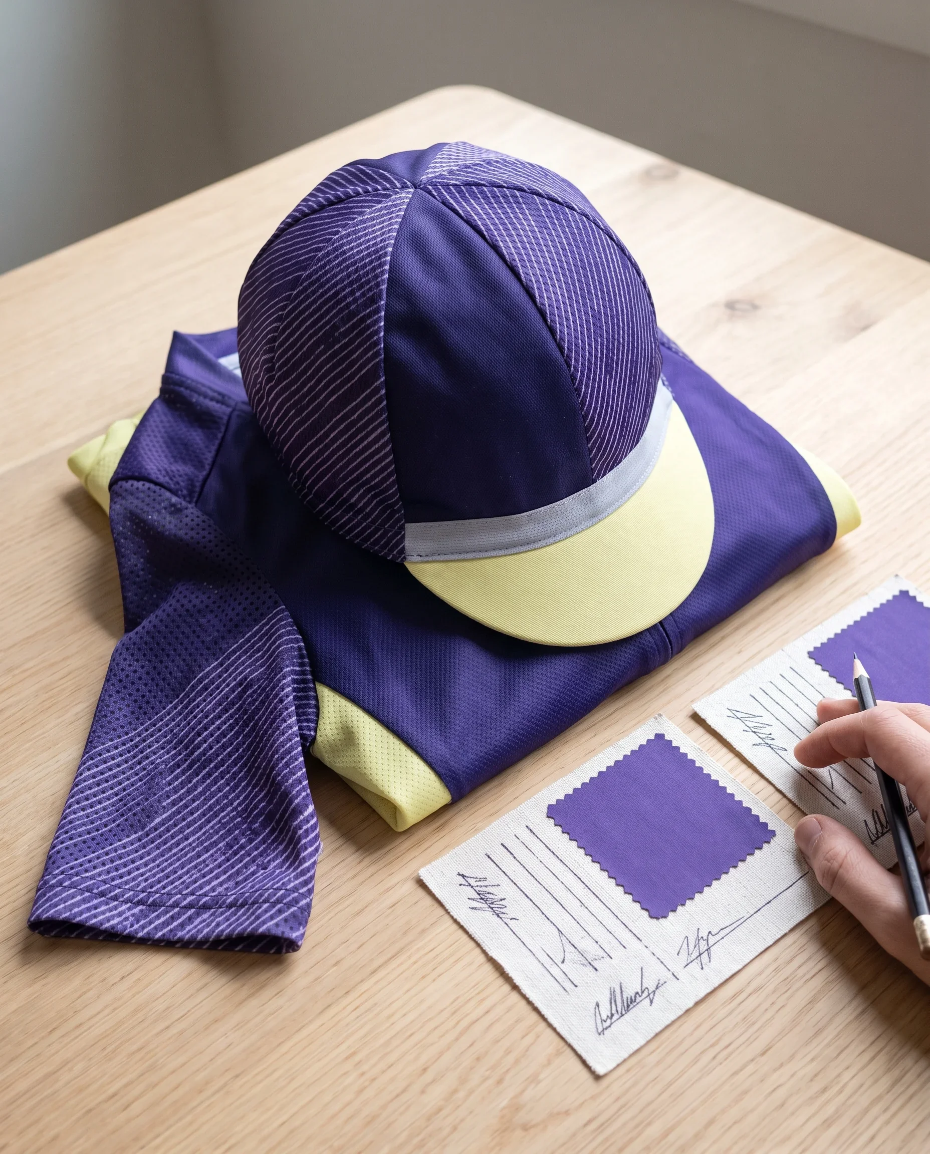 A cycling cap and the matching hot weather jersey laid together, the cap crown cut from the same printed mesh