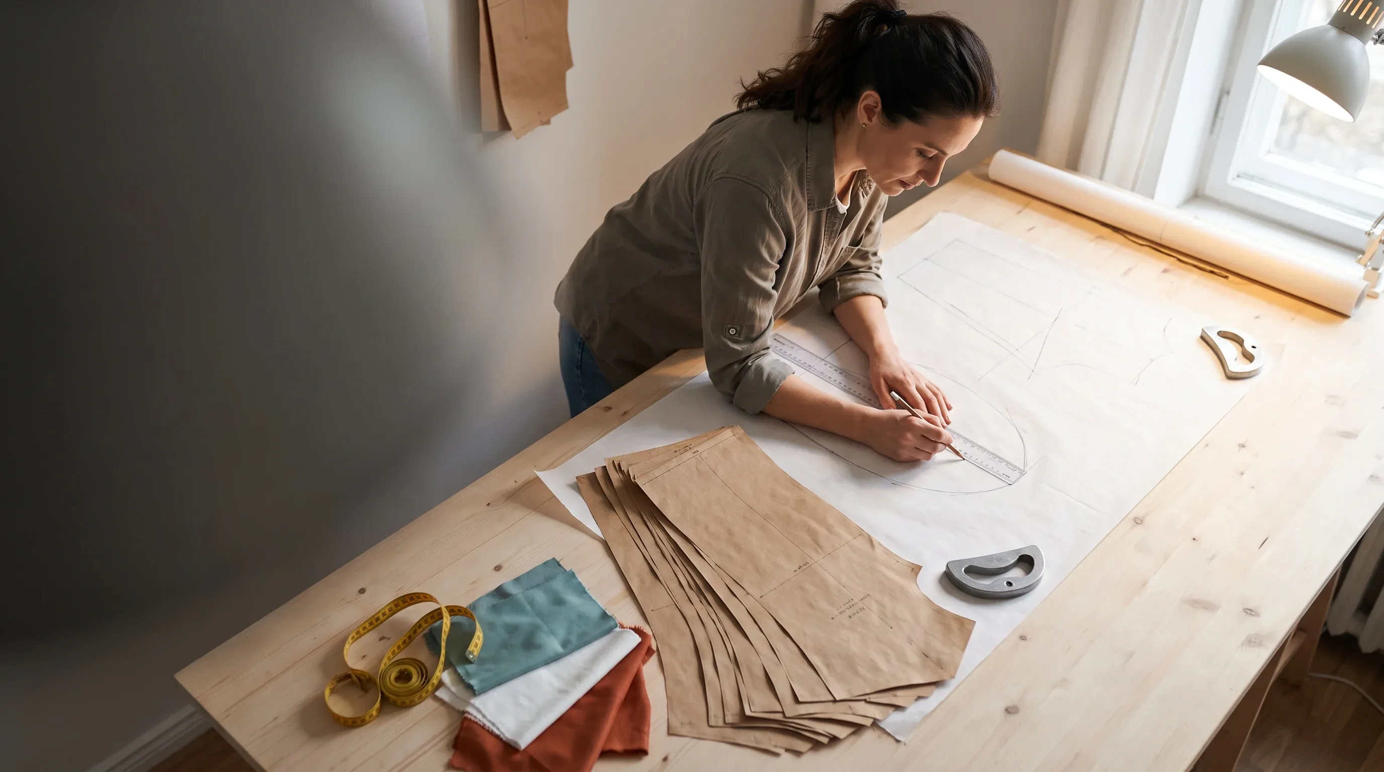 Pattern maker adjusting a cycling jersey pattern on a development table