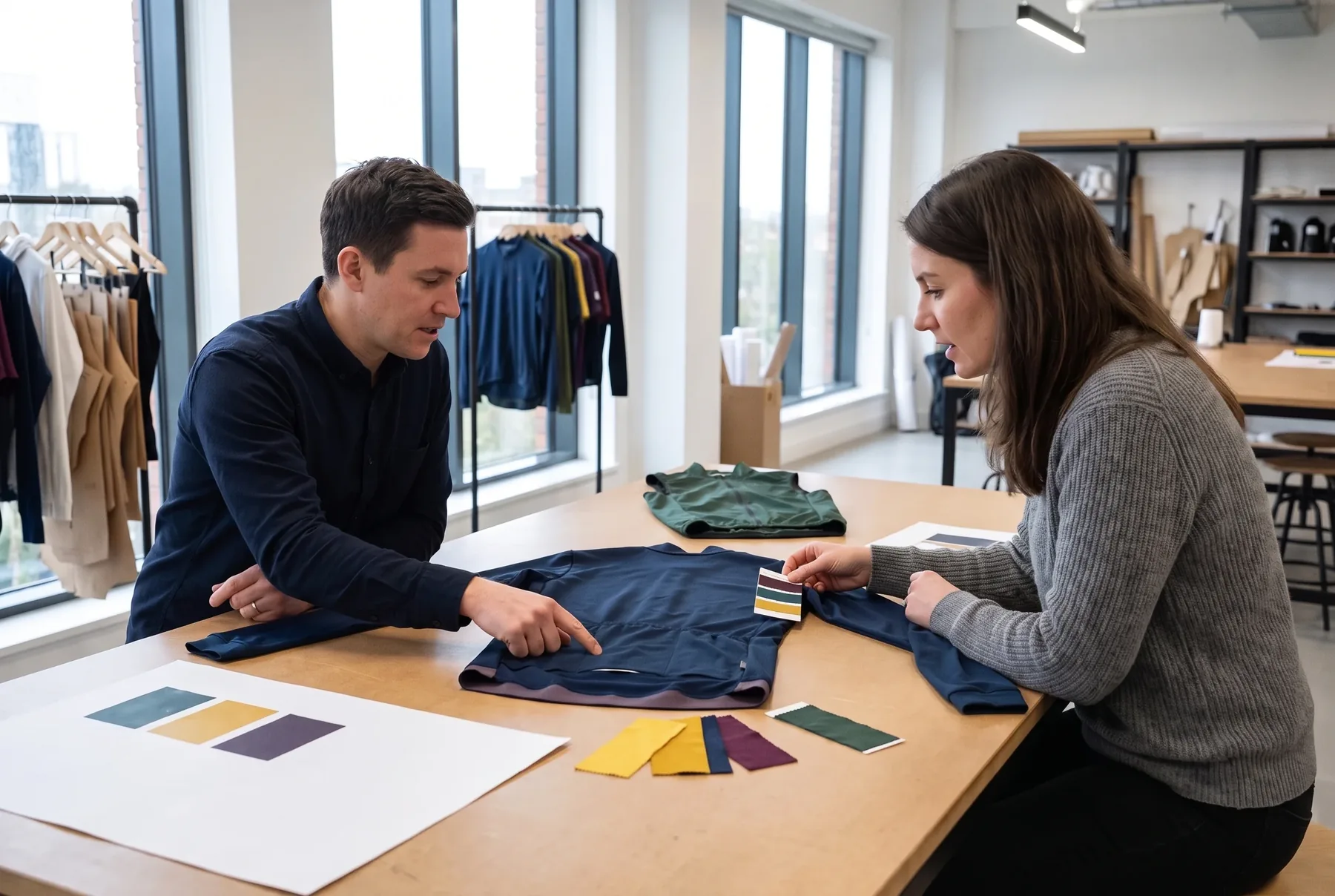Development manager and a product lead reviewing a sample jersey and colour cards