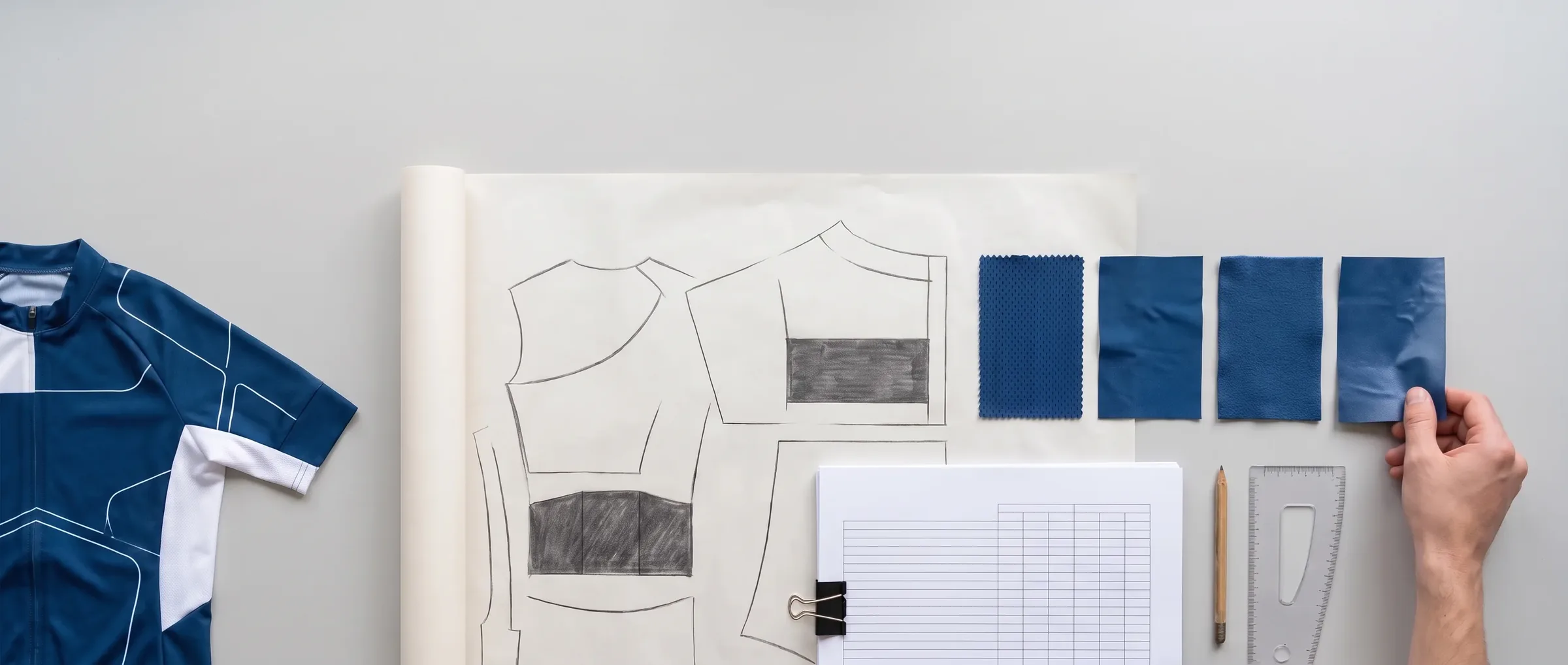 Development documents laid out with colour cards and a folded sample jersey
