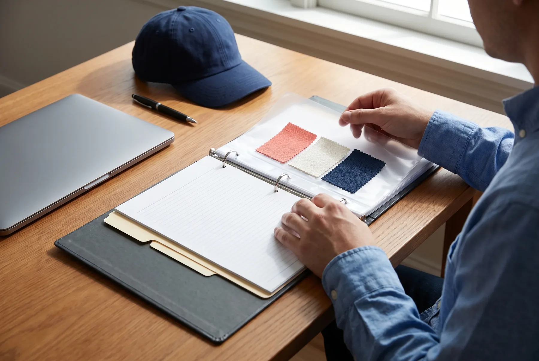 Development file folder with colour cards and measurement sheets on a desk