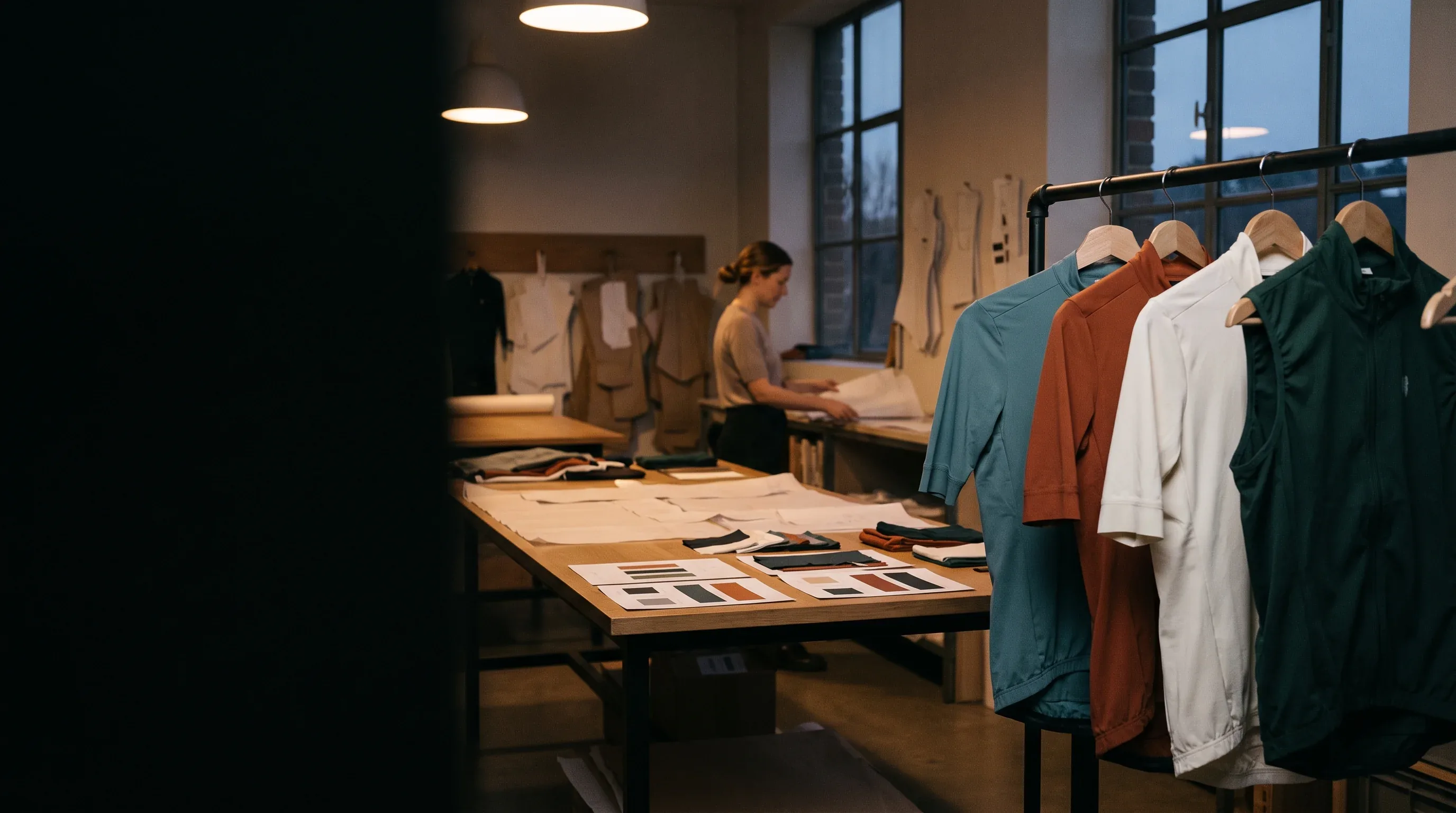 Pattern studio with sample jerseys on a rail and a development table