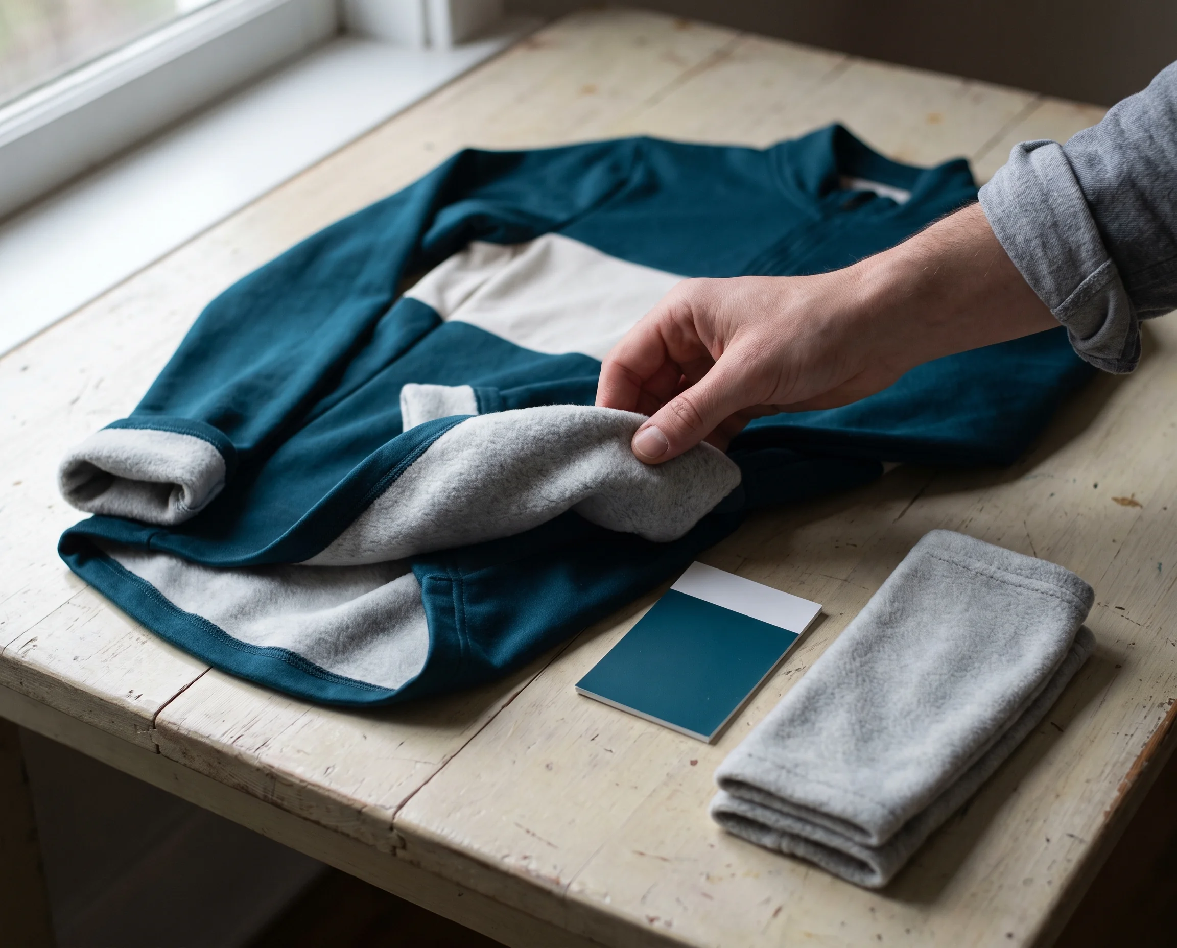 Long sleeve thermal jersey turned back at the cuff and hem to show the brushed-back interior, with a colour card beside it