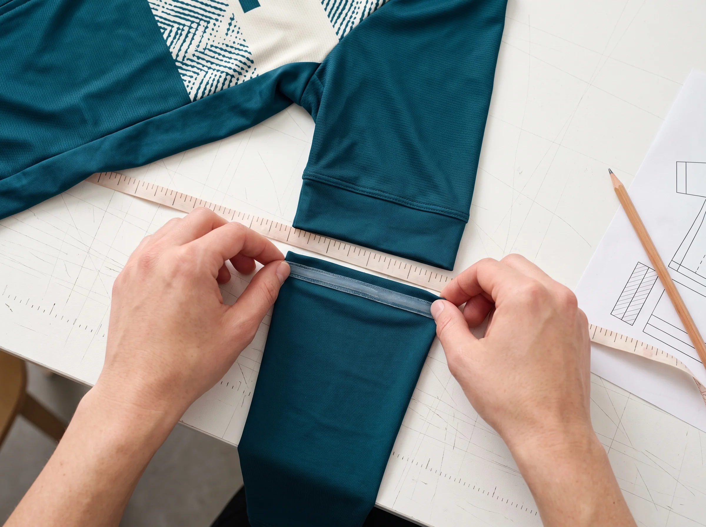 Sample technician laying the top opening of an arm warmer against the sleeve cuff of the matching jersey sample