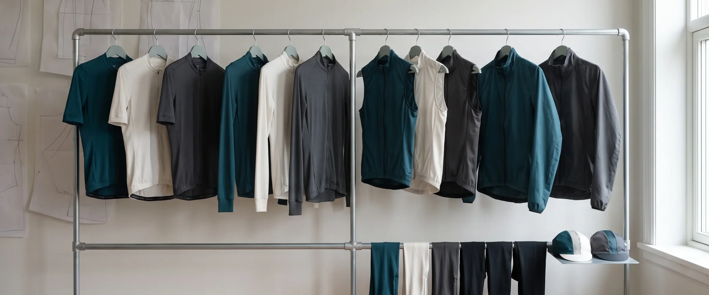 A full set of sample garments hanging on one rail