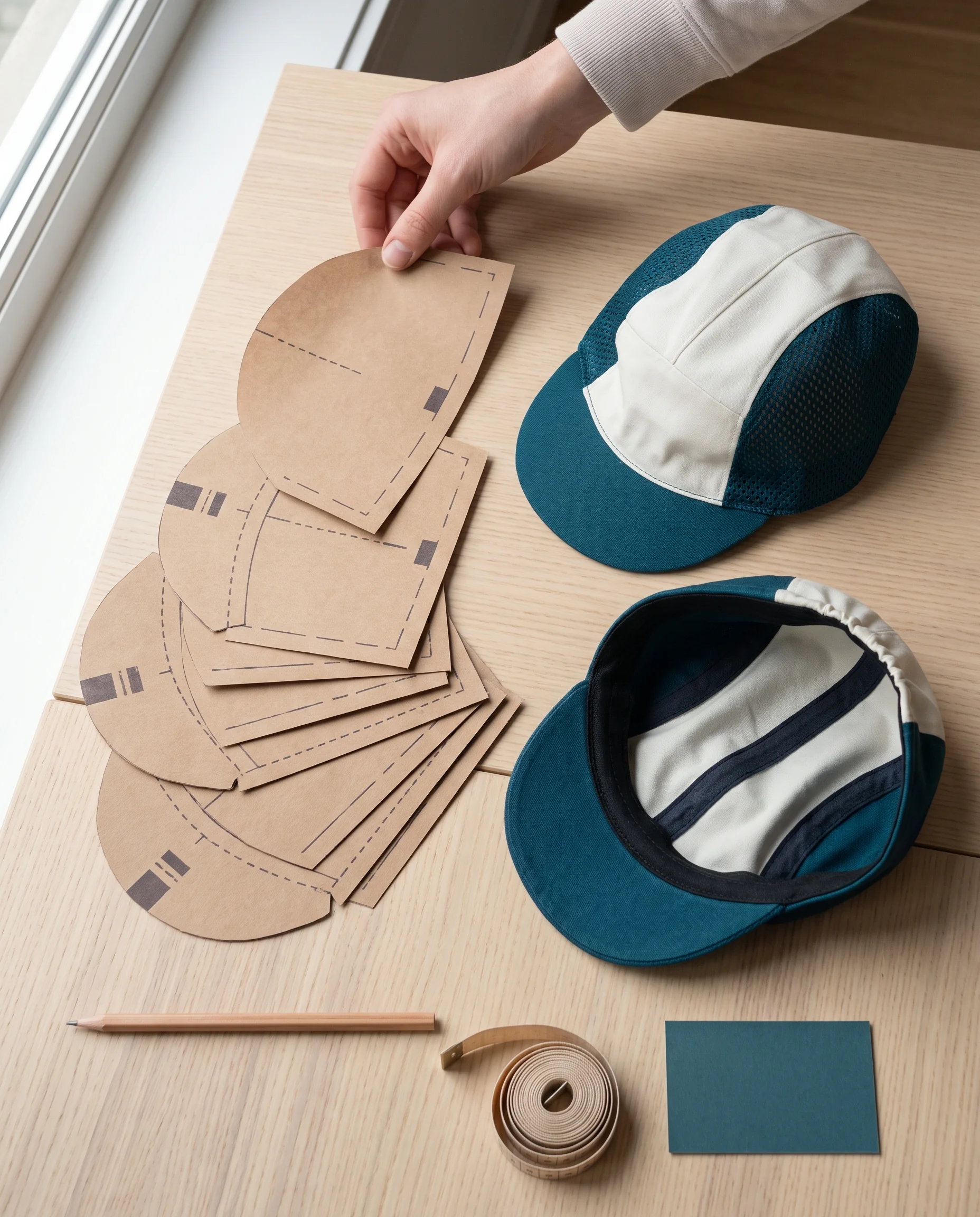 Paper crown panels of a cycling cap beside two sample caps, one with a soft brim flipped up