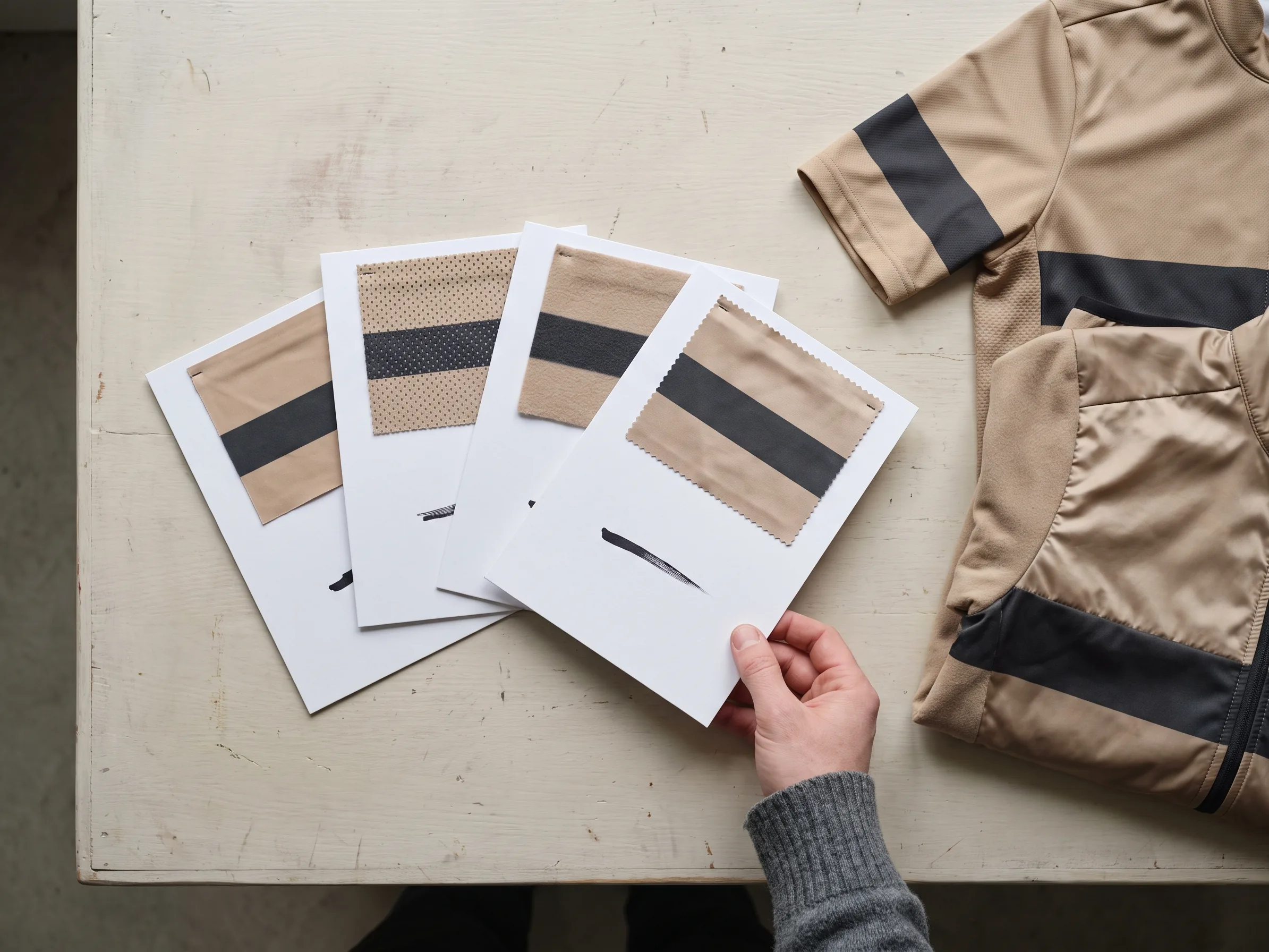 Four signed colour cards, one per base fabric, fanned in a stack beside a folded race jersey and a folded windproof jacket
