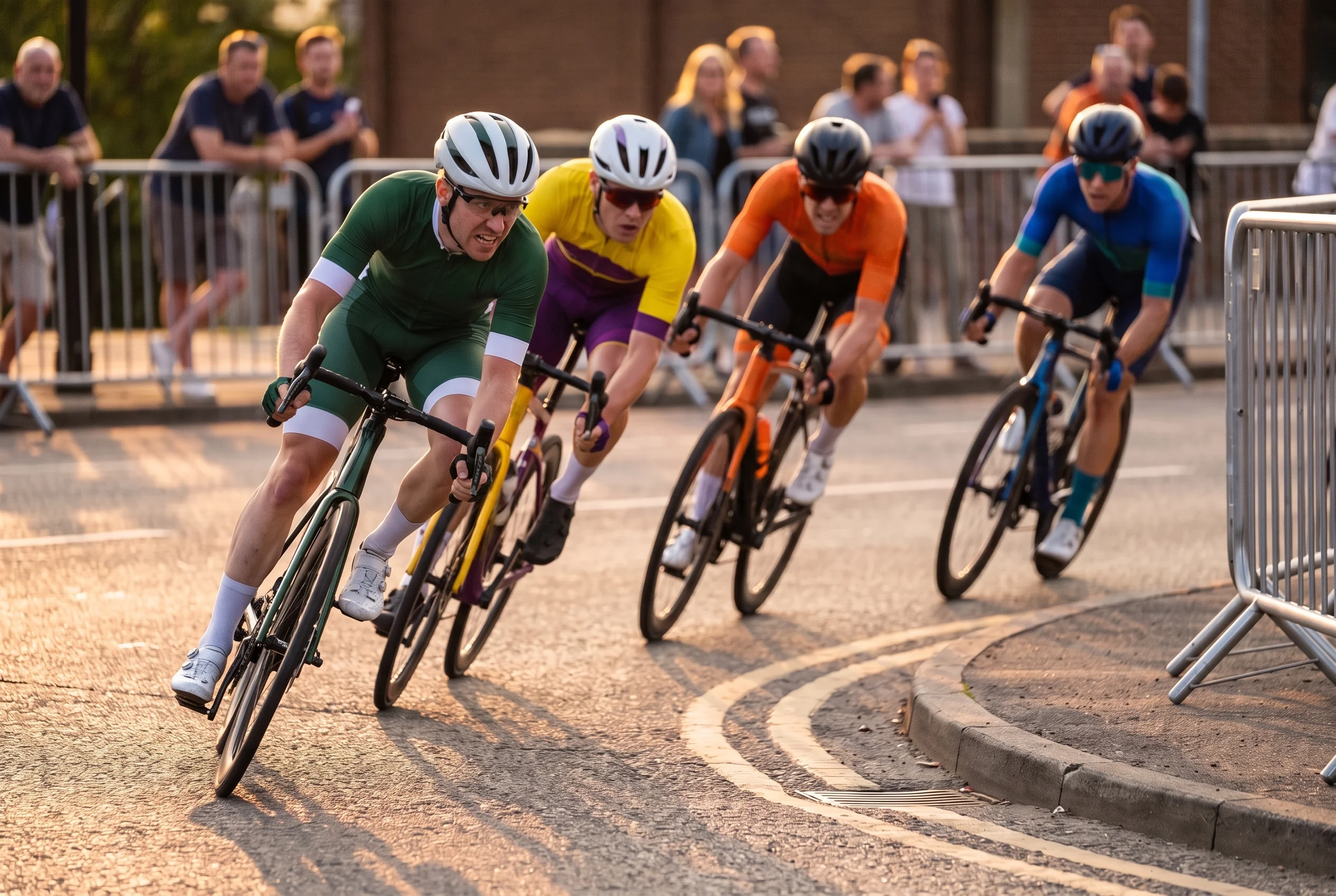 Riders in race fit short sleeve jerseys leaning low through a corner in a city criterium