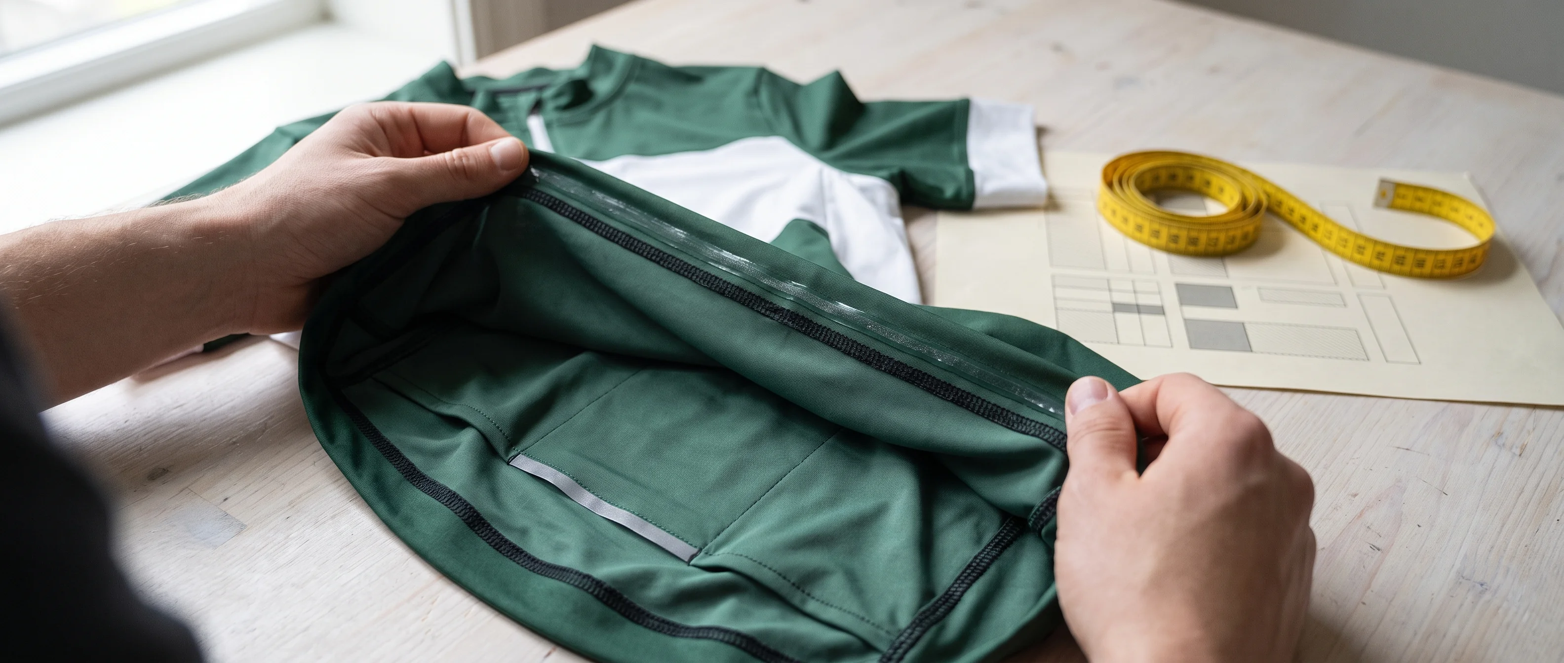Hands turning a sample jersey inside out to show the silicone gripper at the back hem and the flatlock seams