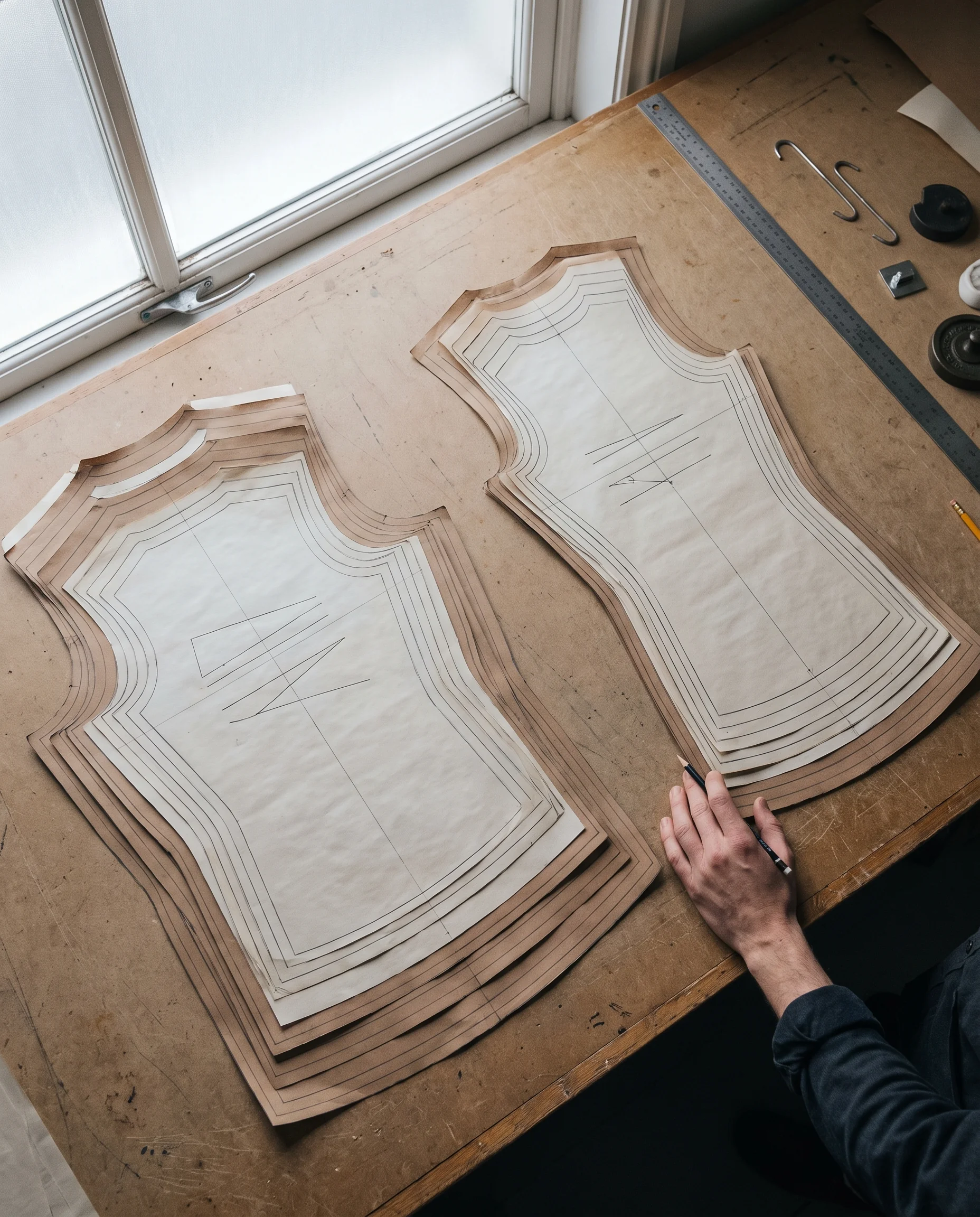 Pattern maker laying out nested graded paper patterns of a jersey back panel in two separate stacks