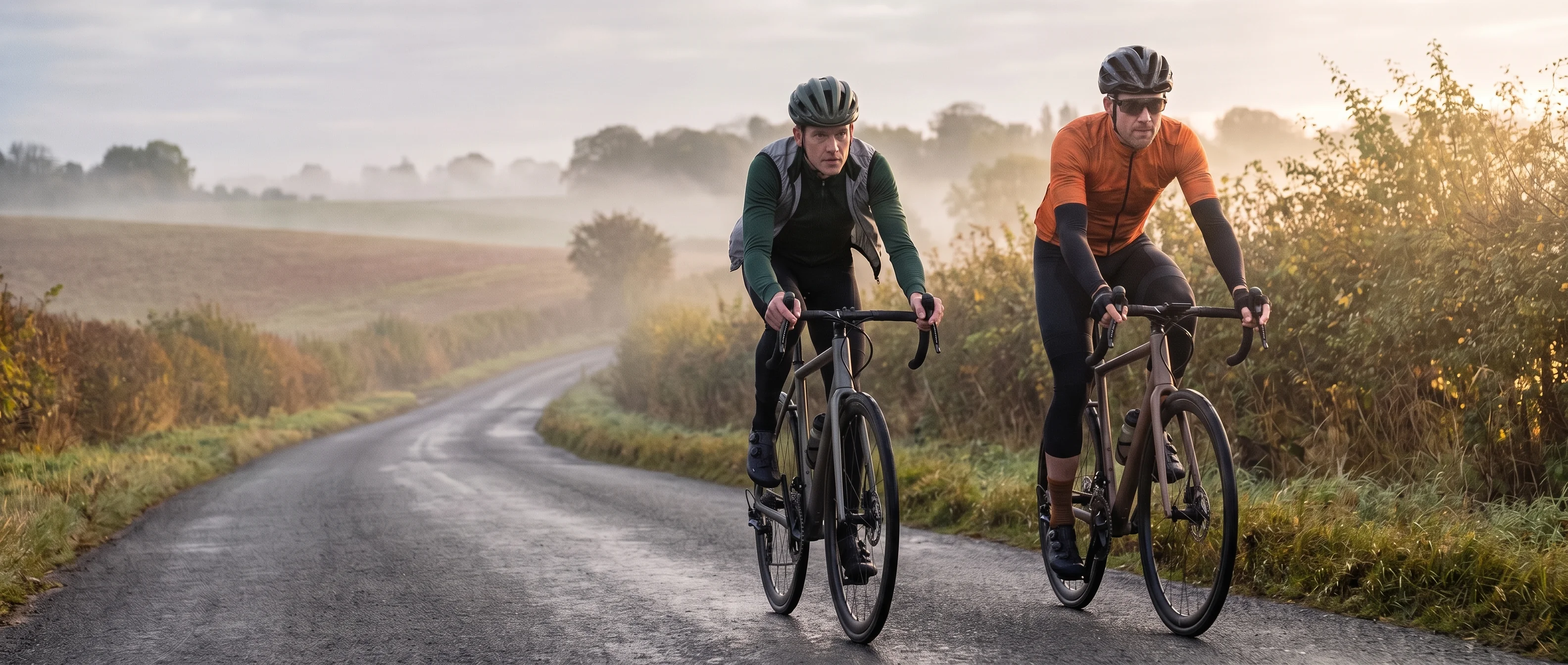 Two riders on a cool morning road, one in a long sleeve race fit jersey with a gilet, one in a short sleeve jersey with arm and leg warmers