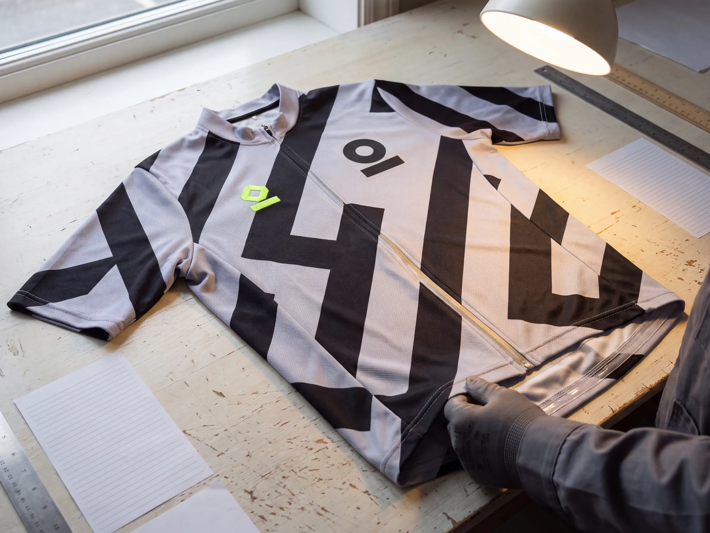 The chest of a decorated race jersey sample: a heat transfer mark, a small embroidered mark, a reflective printed strip and the silicone gripper inside the turned-up hem