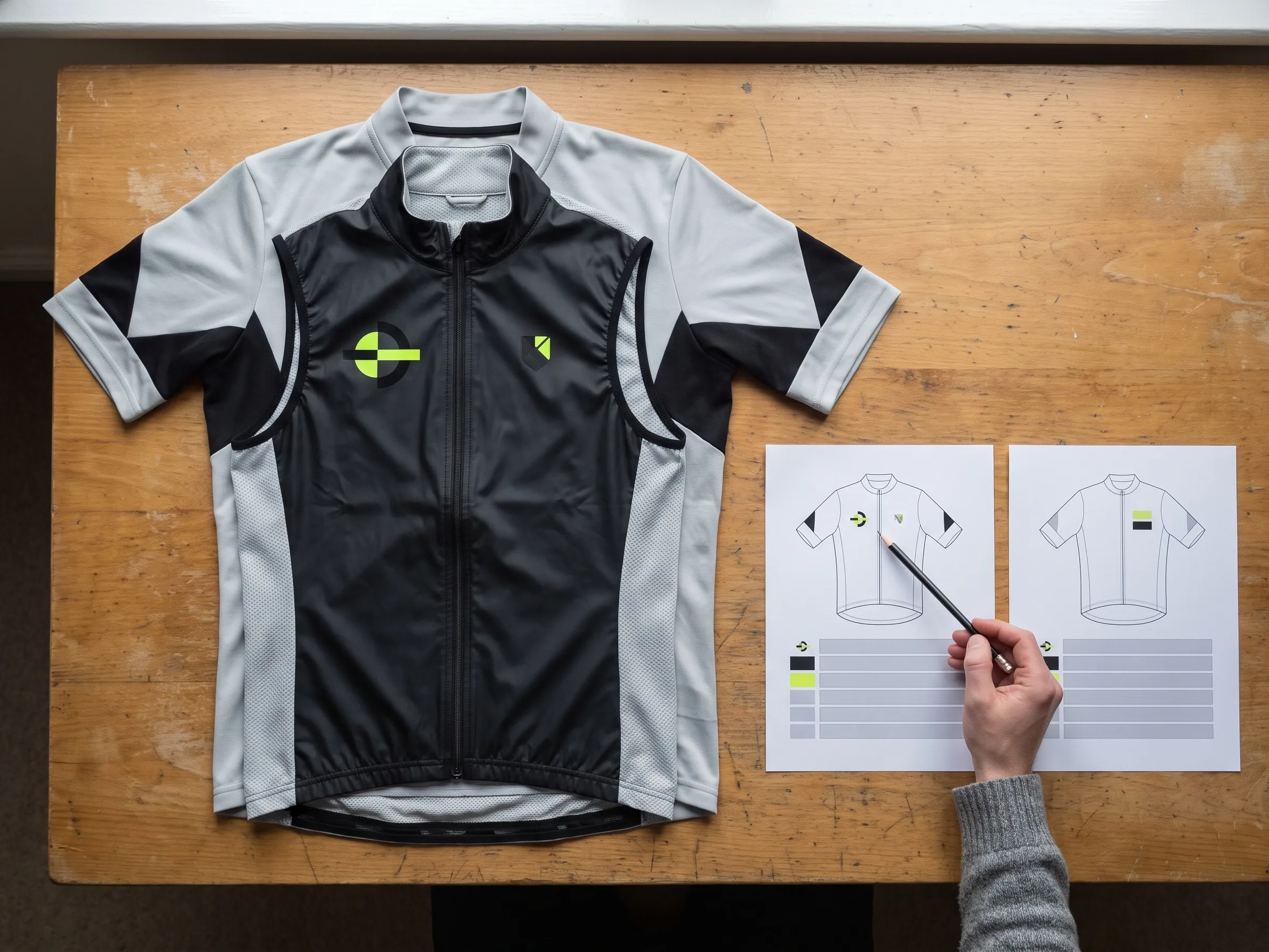 A decorated gilet sample laid over the decorated jersey sample, beside the two placement sheets drawn one against the other