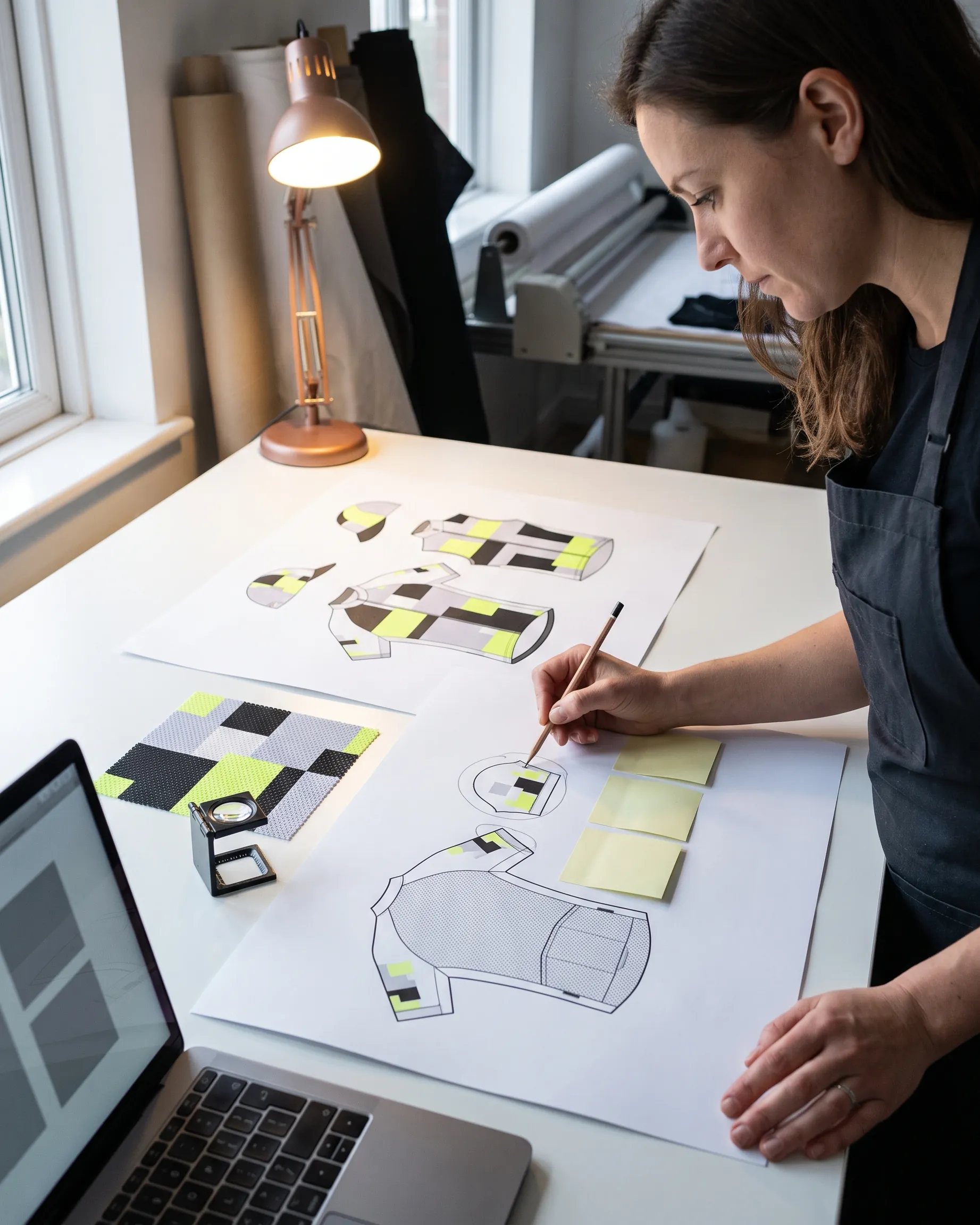 Printed kit artwork laid out before sampling, with the marks that need a fix circled and flagged