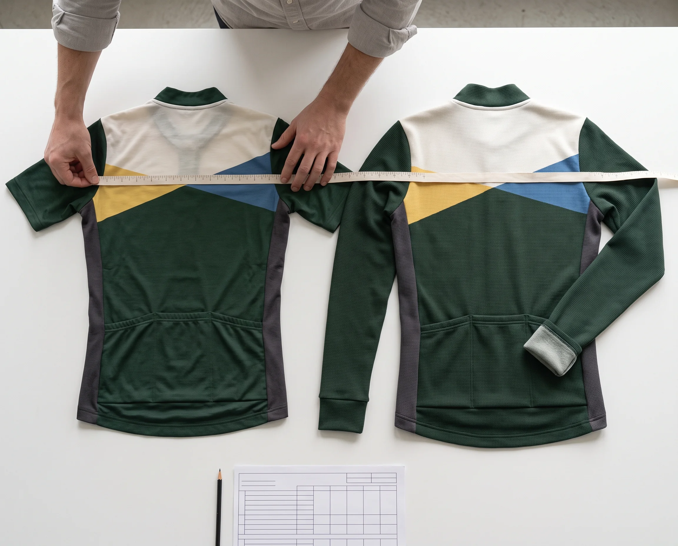 A summer race jersey and a thermal race jersey laid side by side
