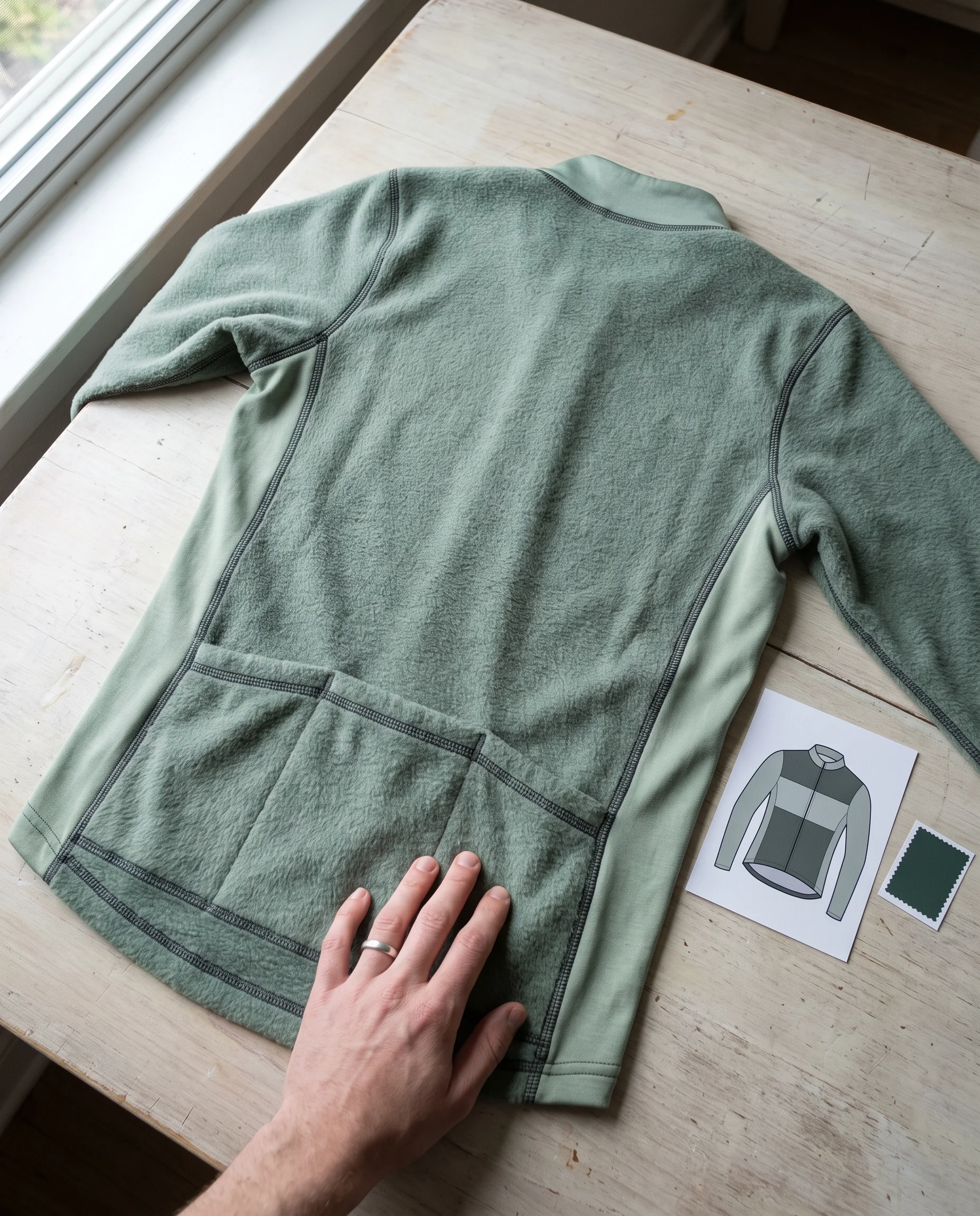 Thermal jersey sample turned inside out to show which panels have the brushed face, beside a fabric-by-panel sheet
