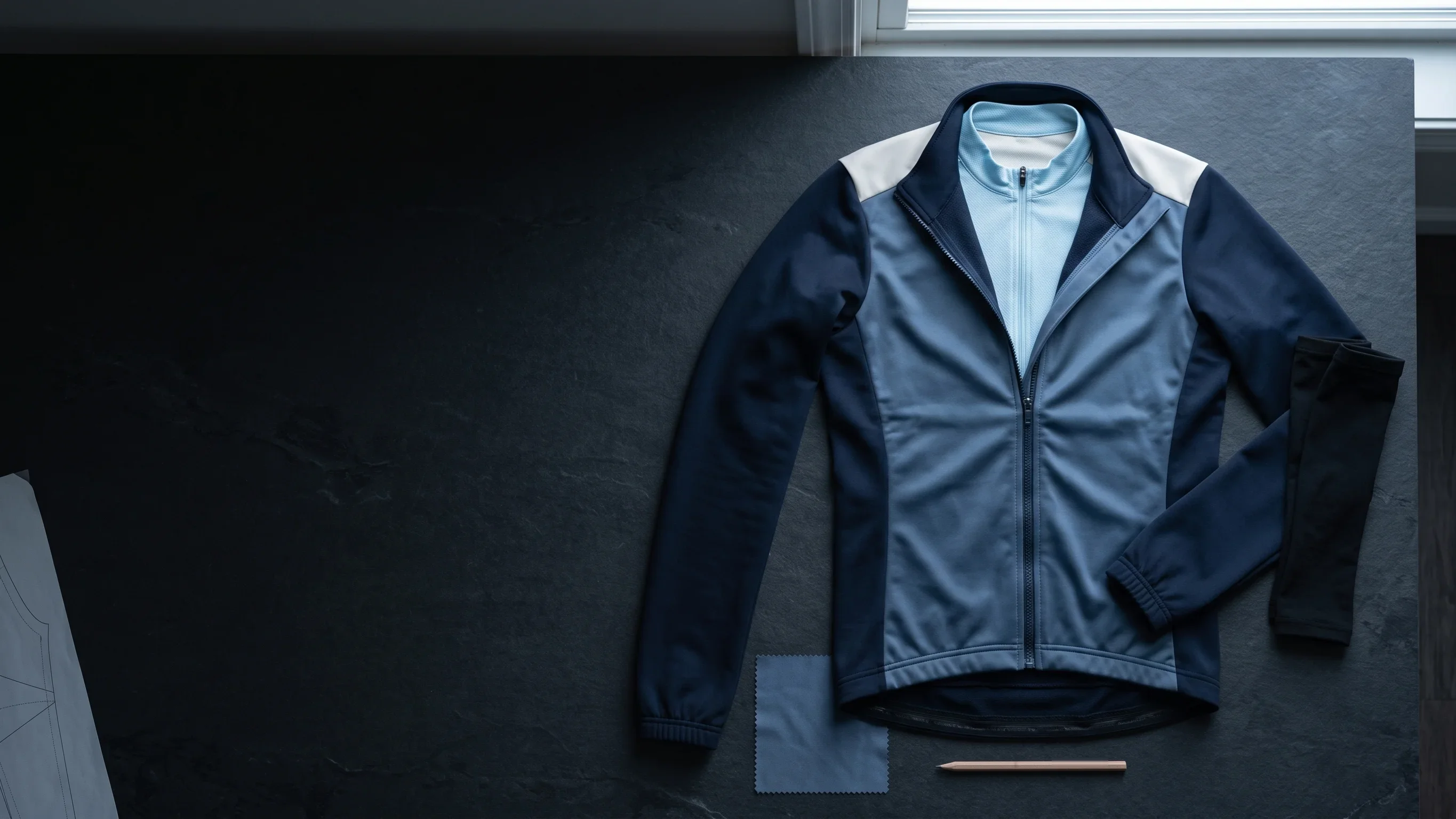 A windproof cycling jacket laid flat with its zip half open over a race jersey