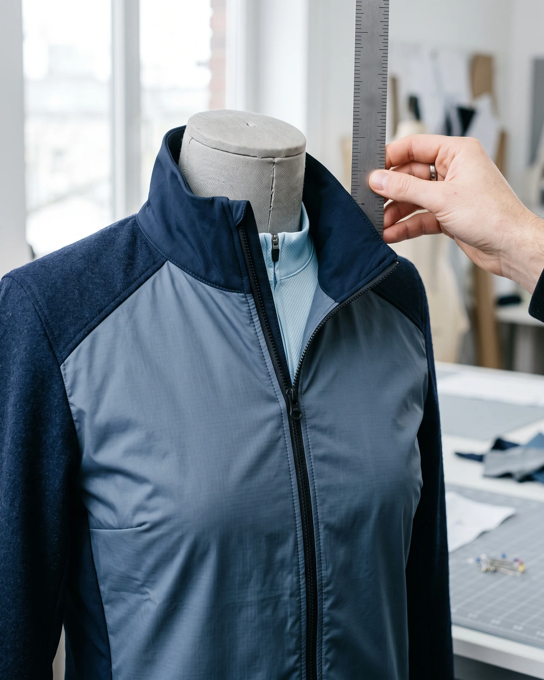 A windproof jacket collar sitting over the jersey collar on a dress form