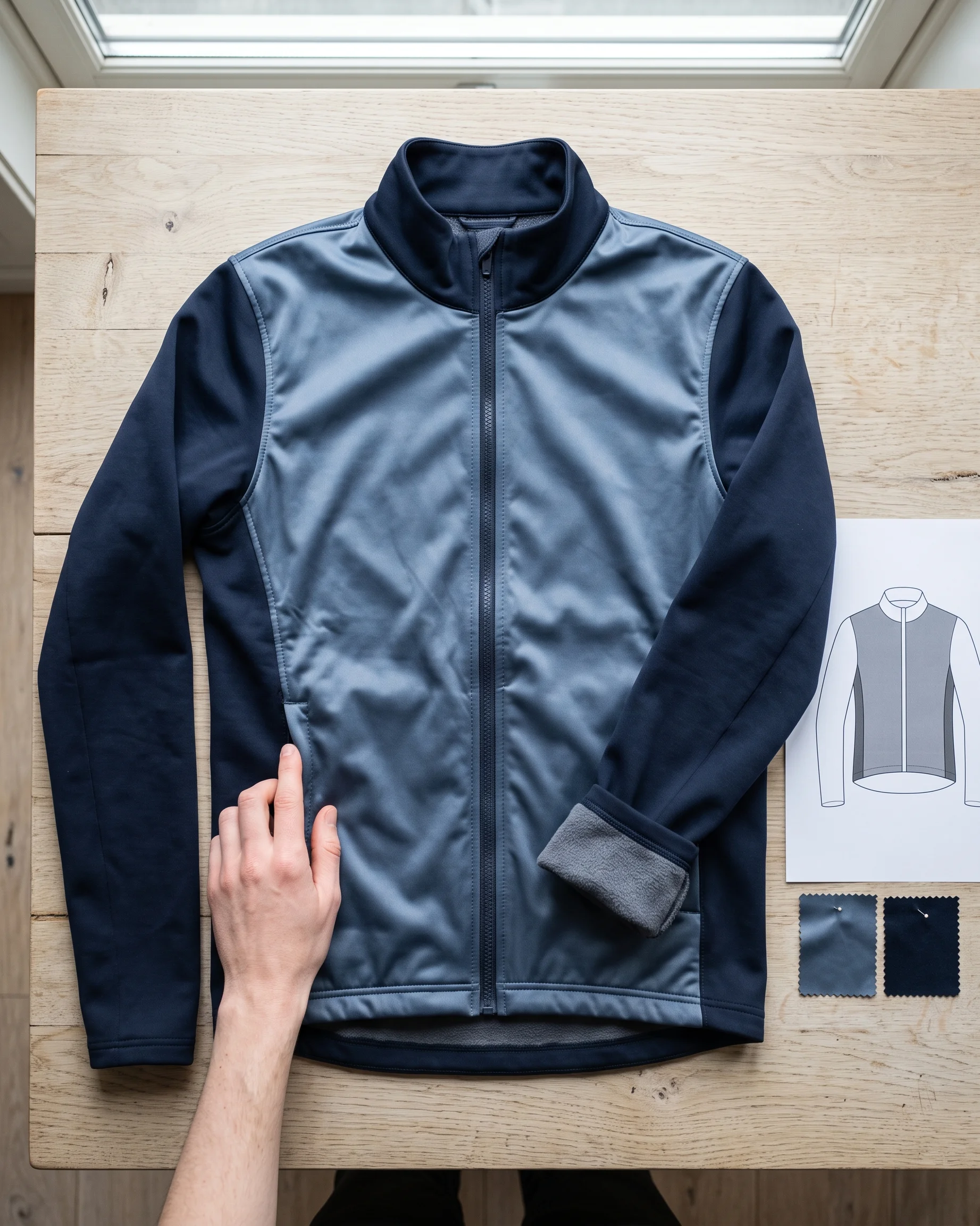 Jacket sample laid flat showing the satin laminate front panels against the brushed body, beside a fabric-by-panel sheet