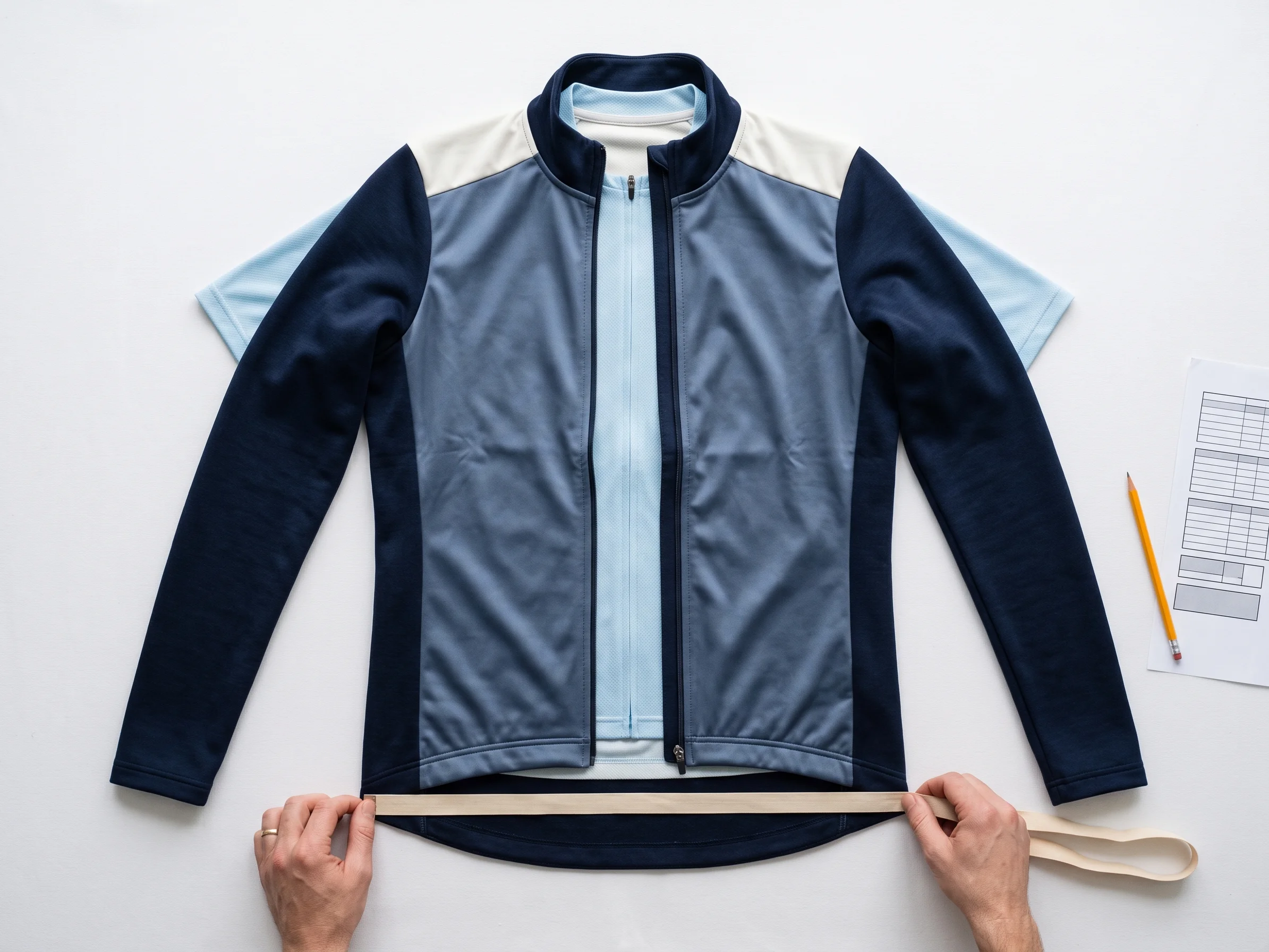 A windproof jacket laid over the jersey beneath it and measured across the chest
